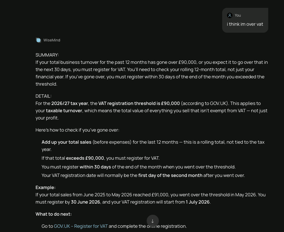 A WiseMind answer with its HMRC source